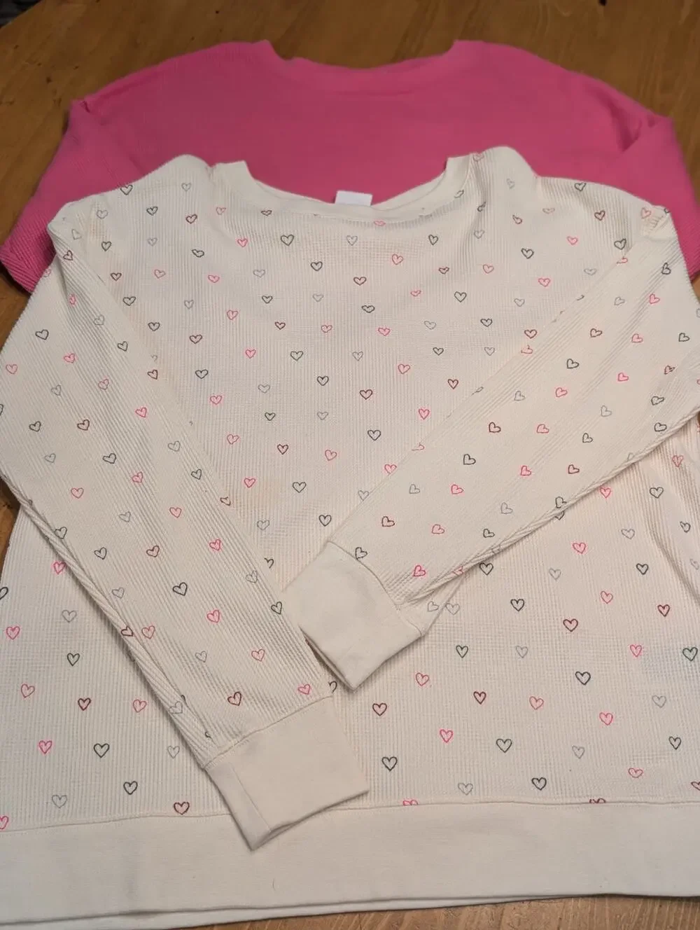 Gap L/S Waffle Crew Neck, Lot of 2, Hot Pink, Creamy White with Pink Hearts, XXL